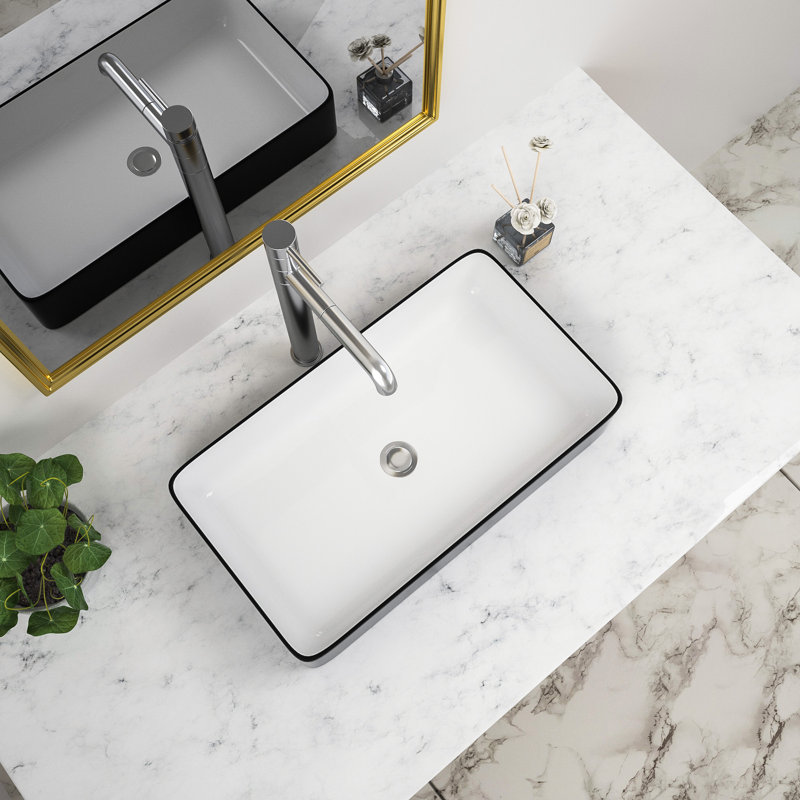 24" White Ceramic Rectangular Vessel Sink with Black Rim