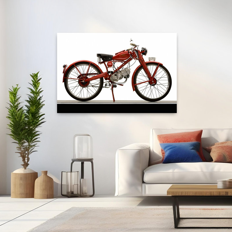 1951, Moto Guzzi Hispania Motoleggera 65, moto, paysage abstrait classique, art mural, H 32 po x l 48 po