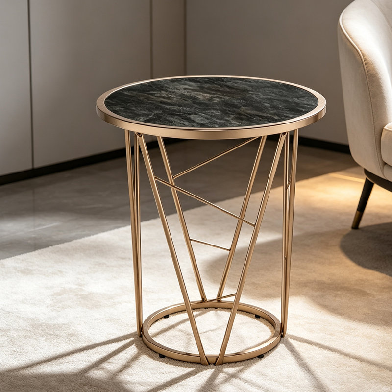 Table d'appoint ronde minimaliste et moderne, plateau en faux marbre noir et piètement conique en métal doré champagne