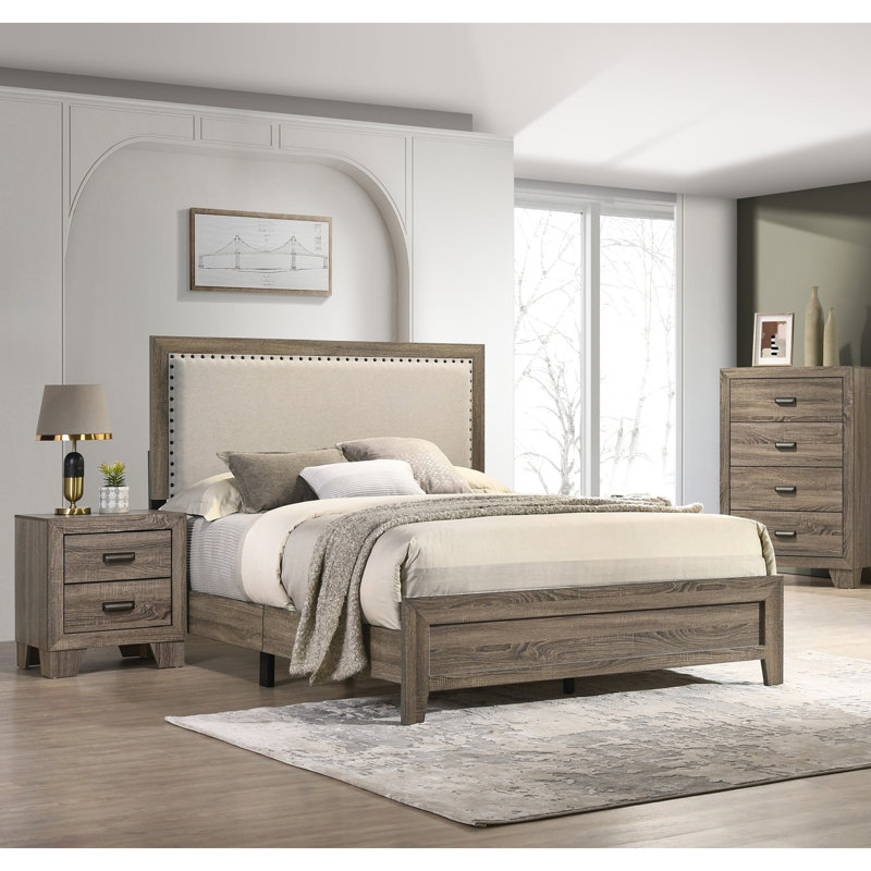 Stylish King Size Bed With Grey Headboard And Wood Veneer Base Contemporary Upholstered Strong Rug, Gray, King