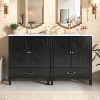 Meuble-lavabo à double cuve - Bois d'acacia et céramique - Style rétro-chic à double usage