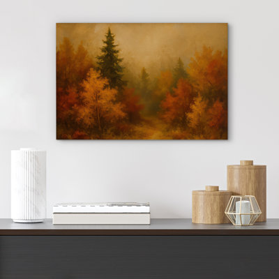 «Fall Woodland Scene with Red and Yellow Foliage Tranquil Nature», reproduction d'art sur toile encadrée