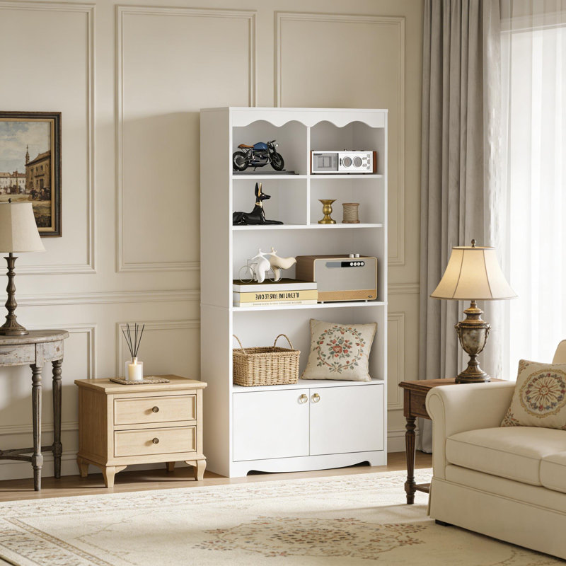 Bibliothèque 63 po à 5 compartiments avec porte entrouverte pour le salon, la chambre à coucher, Blanc