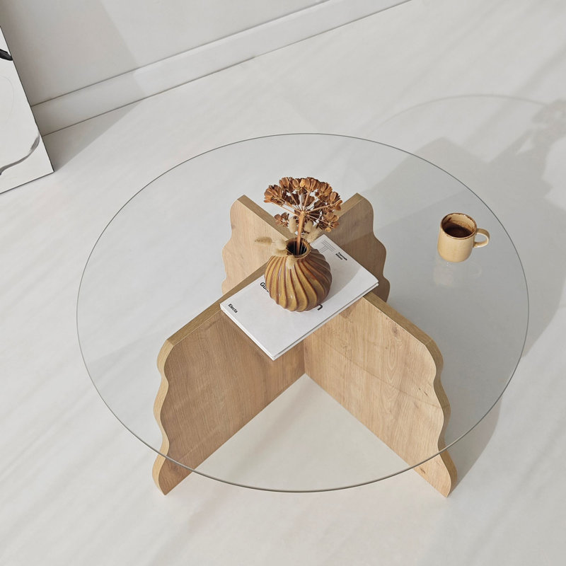 Table basse moderne, chêne saphir et verre trempé, 29,5 po x 15,7 po x 29,5 po | 100% panneau de particules enduit de mélamine, épaisseur: 0,7 pouce | Conception élégante et durable pour le salon et les espaces contemporains, assemblage facile