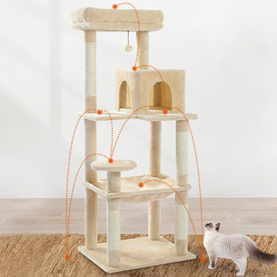 Arbre à chat Cactus pour grands chats avec grand hamac en peluche en métal, tour pour chats d'intérieur 56,3 po avec maisonnette à 2 portes, étagères à 6 niveaux avec poteaux à griffes et grand perchoir supérieur