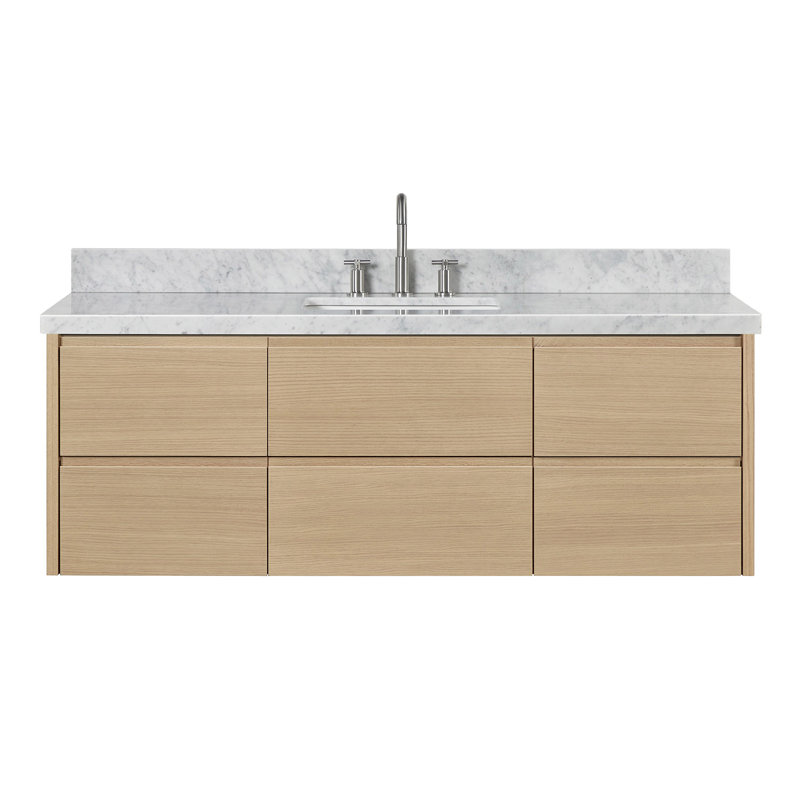   Ensemble de meuble-lavabo mural rectangulaire de 61 po avec comptoir en marbre blanc de Carrare et ensembles, Rectangulaire