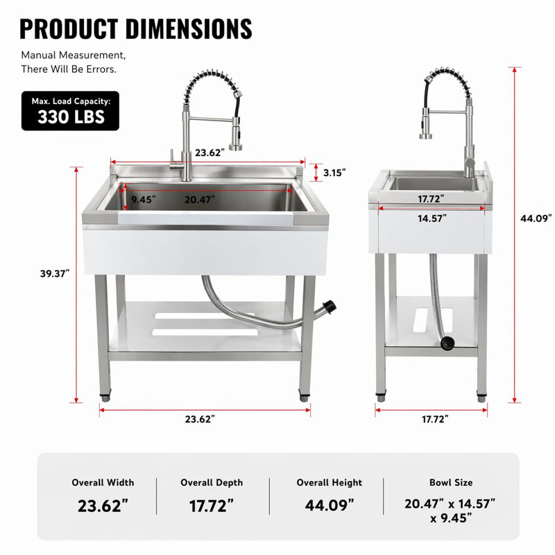 Évier utilitaire autoportant en acier inoxydable de grande capacité 36 * 20 * 39 pouces - Robinet escamotable chaud et froid, évier à lessive avec tablette de rangement et ensemble de drain - Pour le garage, la cuisine, la cour arrière et l'utilisation commerciale