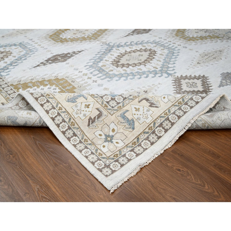 Très grand tapis géométrique noué à la main 12 pi 3 po x 18 pi Zoroastrian Village