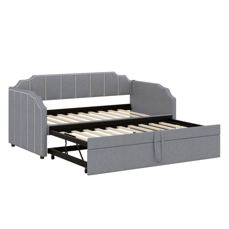 Upholstered Daybed with Pop-Up Trundle, Gray