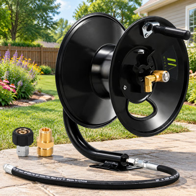 Heavy-duty steel pressure-washer hose reel with a manual crank and swivel arm; fits 100ft x 3/8" / 150ft x 1/4" hose and has a 4000 PSI rating plus a 3/8" NPT outlet pipe.