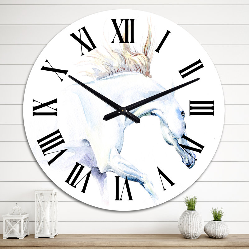 Cheval blanc à l'aquarelle - horloge murale traditionnelle, Grand