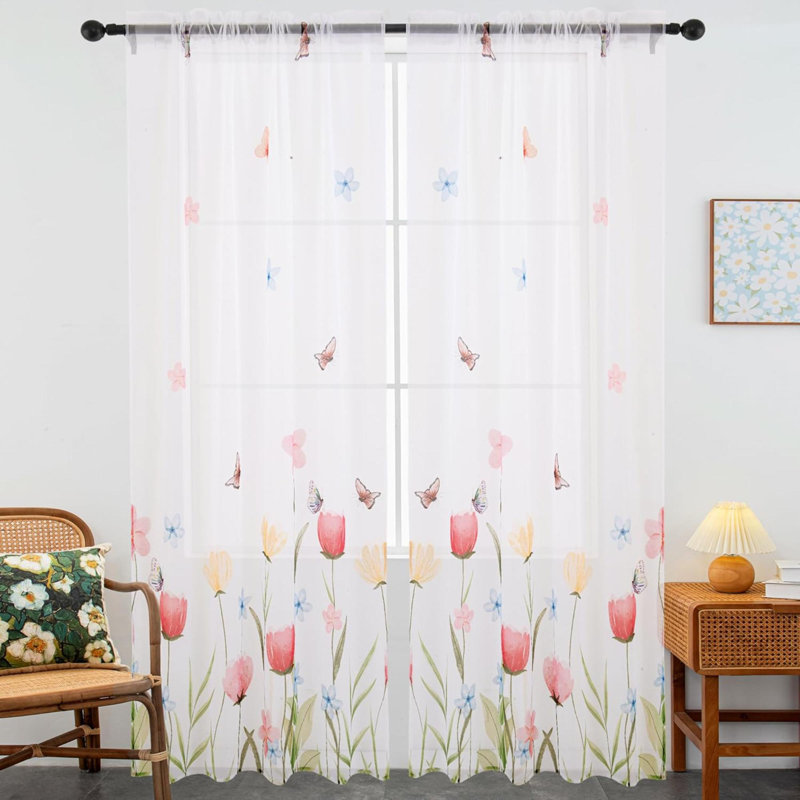 Rideaux pour salon 2 rideaux semi-transparents avec motif de papillons imprimés de printemps