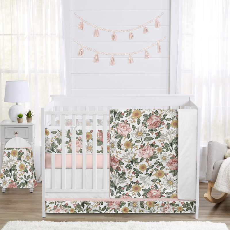 Blush Pink and Green Floral Baby Crib Bedding Set