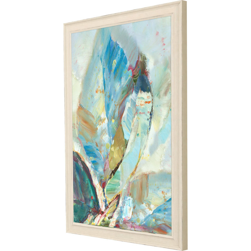 Distressed Ivory Wood Framed Aqua Leaf Poster