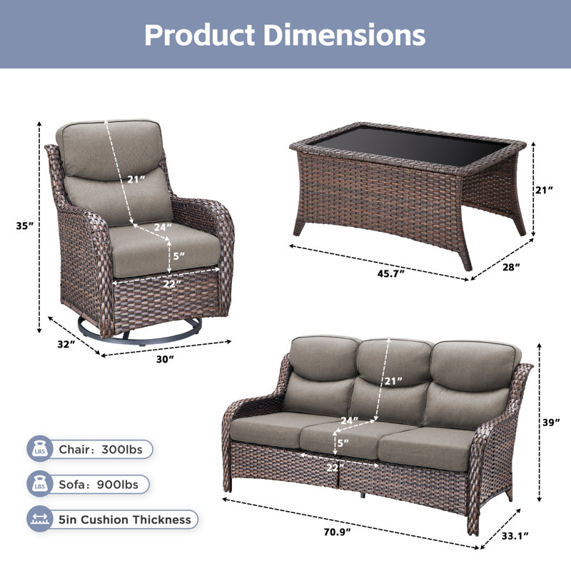 4-Pieces Outdoor Wicker Patio Sofa Set With Coffee Table And Swivel Chairs, Gray Cushion/Brown Frame