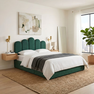 Tête de lit double en velours avec rangement relevable, sans sommier tapissier, vert