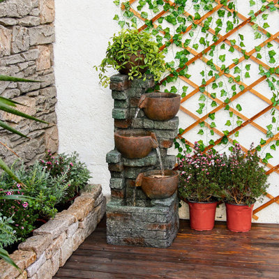39,37 po H Fontaine de jardin d'eau extérieure 5 niveaux Bol en cascade et pierres empilées Cascade d'eau Caractéristique Bol d'intérieur Pot de fleurs avec lumières DEL pour patio