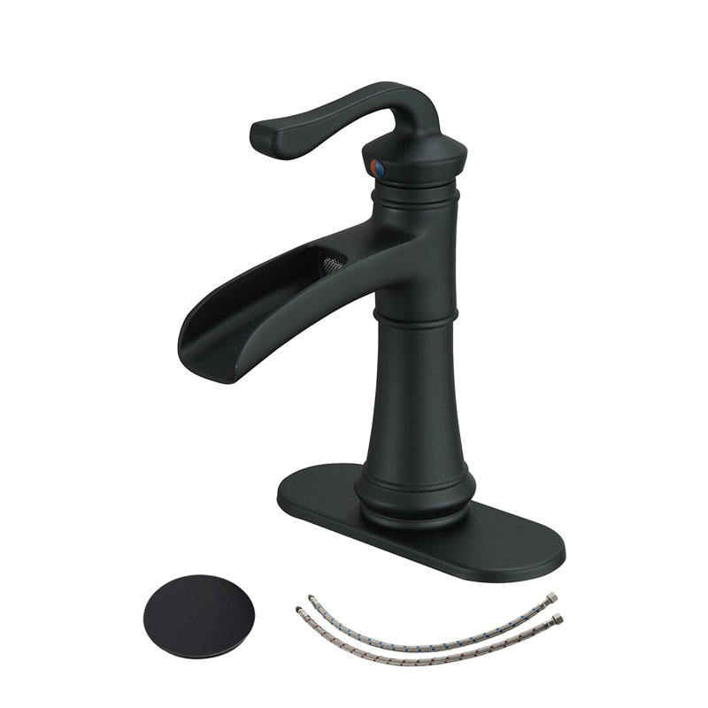 Matte Black Single Handle Waterfall Bathroom Faucet with Drain Assembly