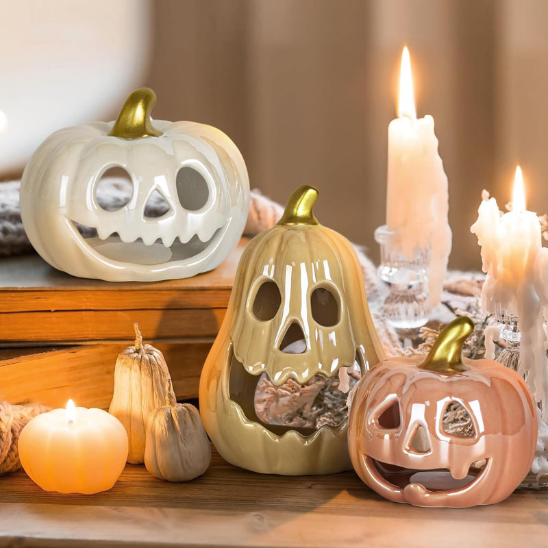 Ensemble de 3 photophores citrouille en céramique à glaçure nacrée, décoration intérieure/table en forme de citrouille Jack-O-Lantern