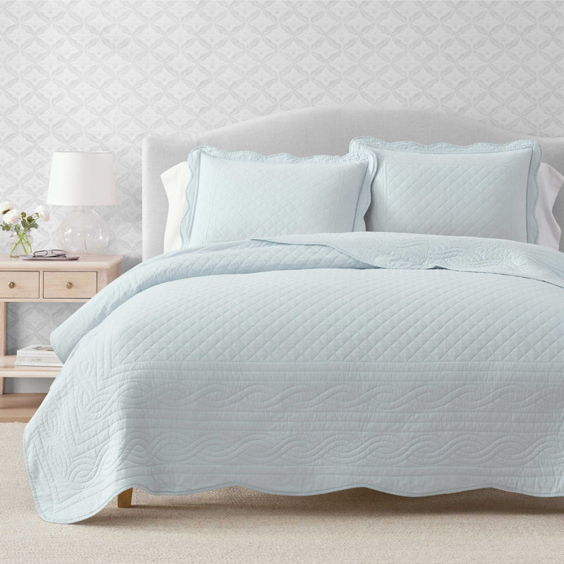 Ensemble de courtepointe réversible en coton uni Martha Stewart, Courtepointe pour lit simple + 1 taie décorative , Bleu