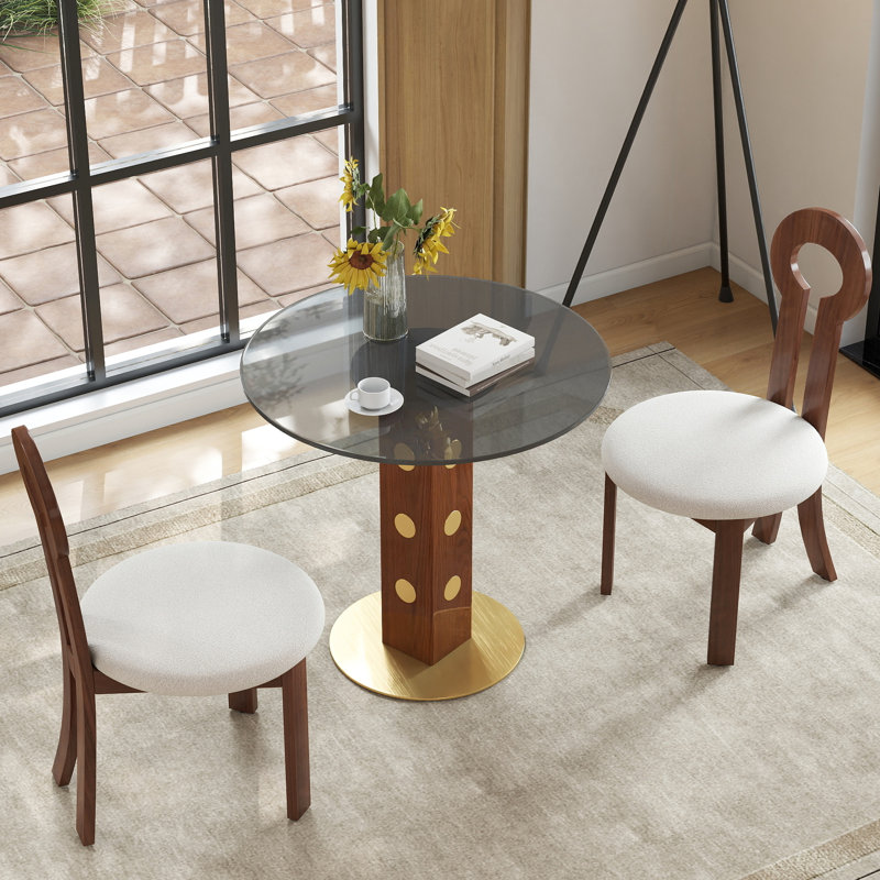 Table ronde ronde en verre trempé de 33,5 po avec pieds en bois et base dorée, pour 2 personnes pour des espaces de salle à manger contemporains dans des bureaux à domicile, conception moderne avec capacité de 150 lb