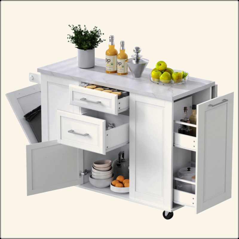 Îlot de cuisine de 50,7 po avec rangement, poubelle inclinable et organisateur de rangement escamotable, îlot de cuisine sur roulettes à 5 roulettes avec abattant, 2 tiroirs, 1 porte pour la cuisine, la salle à manger