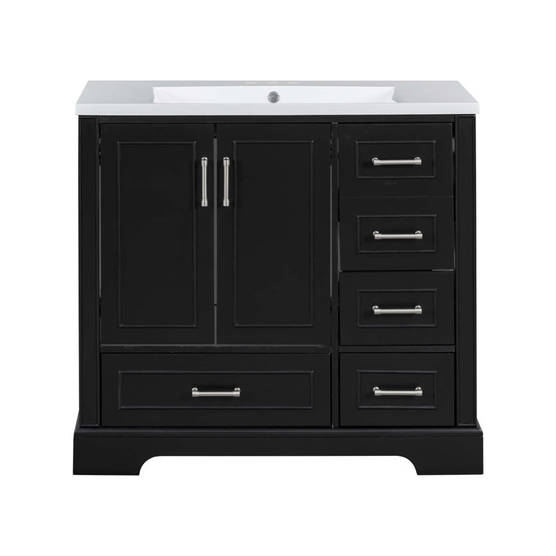 Ensemble de meuble-lavabo traditionnel 36 po avec lavabo en résine, armoire de salle de bain noire avec deux portes et quatre tiroirs