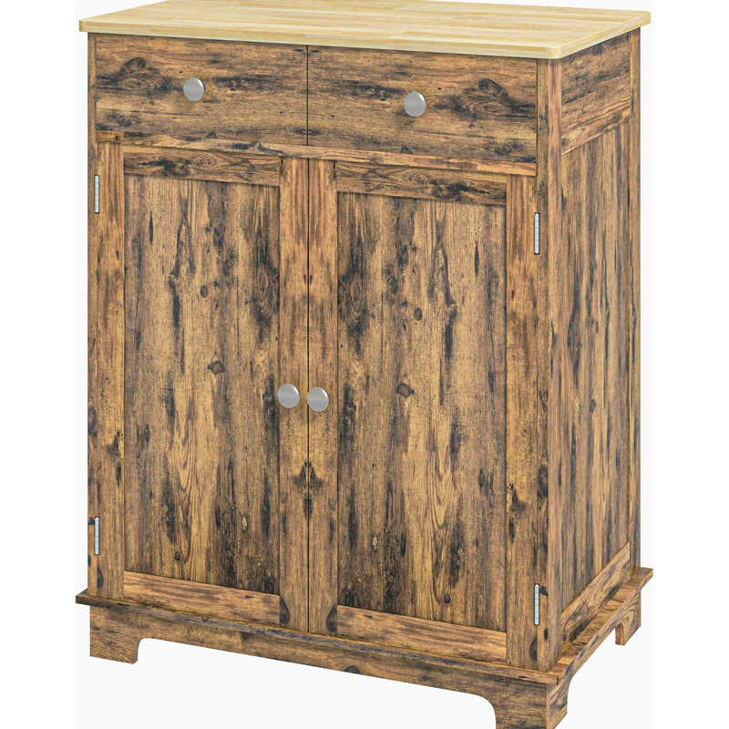 Buffet rustique brun avec comptoir et rangement en bois massif. 2 tiroirs, portes, tablette réglable. Pour la cuisine, le salon. Armoire de rangement moderne l 26,75 po x P 15,75 po. H 33,5 po. Portes.