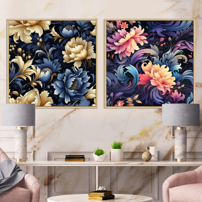 «Celestial Blue Damask Mirage» - Ensemble de 2 collages carrés botaniques abstraits