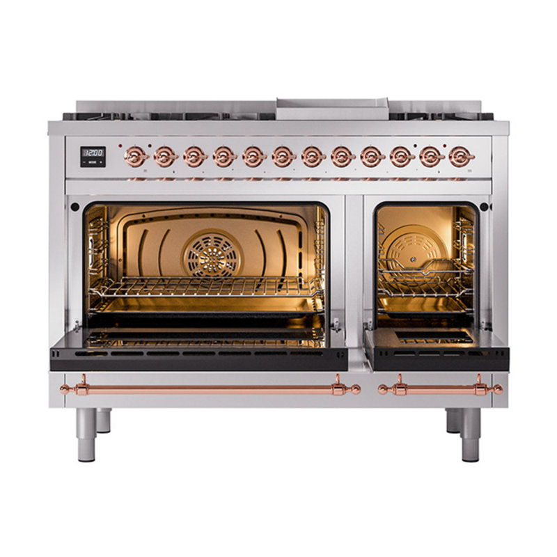 ILVE Nostalgie II Noblesse 48 in Dual Fuel Range, 8 Burner, Griddle, Stainless Steel/Copper, Natural Gas