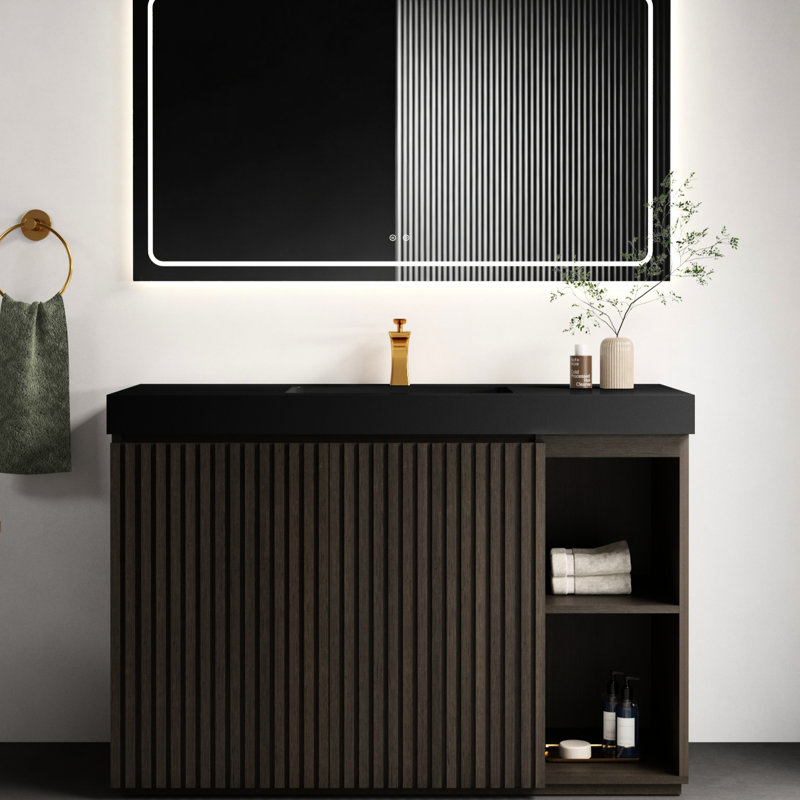 Meuble-lavabo autoportant de 48 po en chêne fumé, esthétique contemporaine, bois massif multi-niveau E1, finition usée, armoire à deux portes, tablettes réglables, meuble-lavabo silencieux avec une pièce