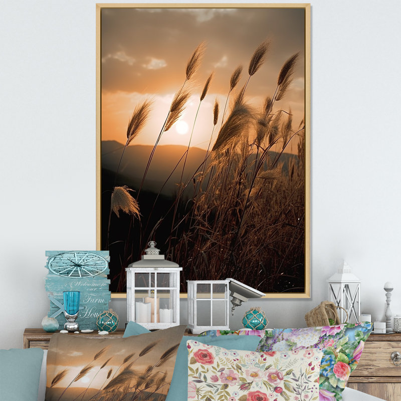 Reproduction d'art sur toile Beachgrass In Motion At Sunset - Plants, H 32 po x l 16 po x P 1 po, Cadre naturel flottant
