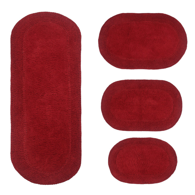 Eveland Runner 100% Cotton Non-Slip 4 Piece Bath Rug Set, Red