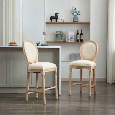 Solid Wood Bar Stools Set Of 2, Classic French Country Wooden Barstools With Upholstered Seating