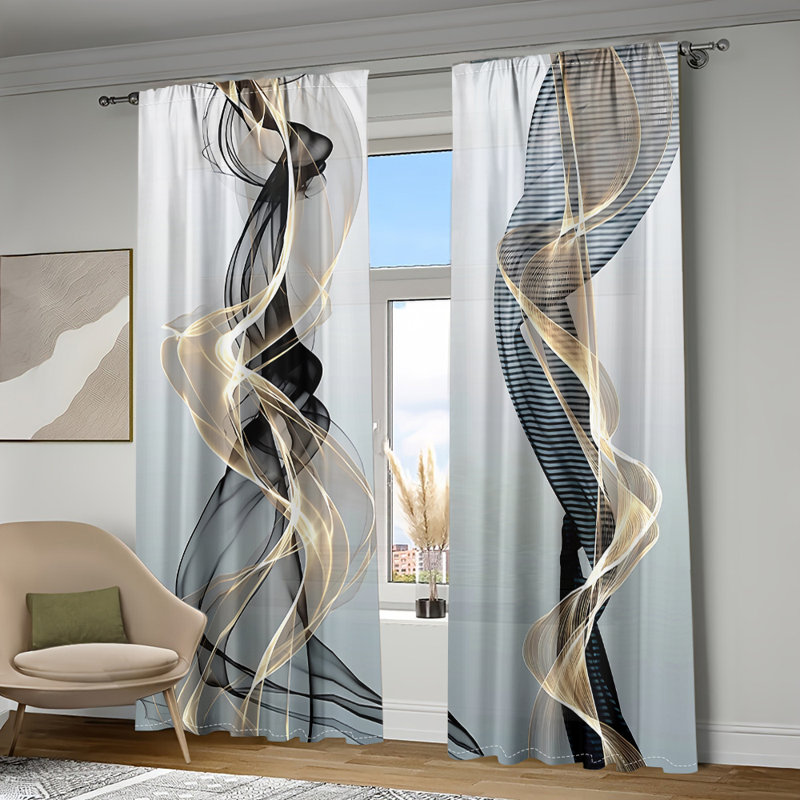 2Pcs Abstract Wave Curtains Rod Pocket Mount Digital Printing Blue Gold Sheer Polyester Material Modern Elegant Pattern Window Treatment for Living Room Bedroom Kitchen Home Decor
