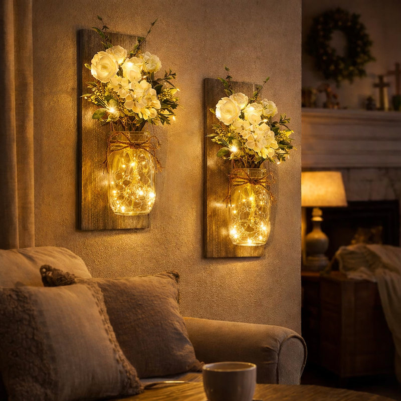 2-Pack Wall Sconces with Rustic Wood Boards, Mason Jars, Led Lights, Remote Control, Gray