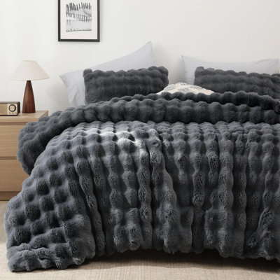 Yikush Fluffy Comforter Set 3 Pieces- Ultra Soft & Warm Faux Fur Comforter With Two Pillowcases For Winter