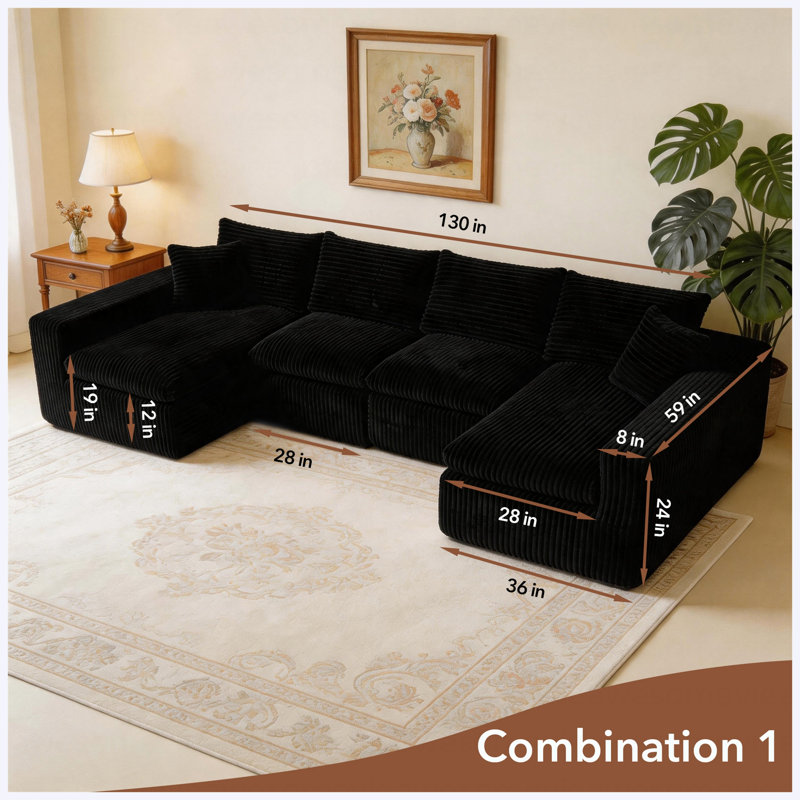 Canapé modulaire noir en forme de U avec mousse à mémoire de forme 130 po, aucun assemblage requis