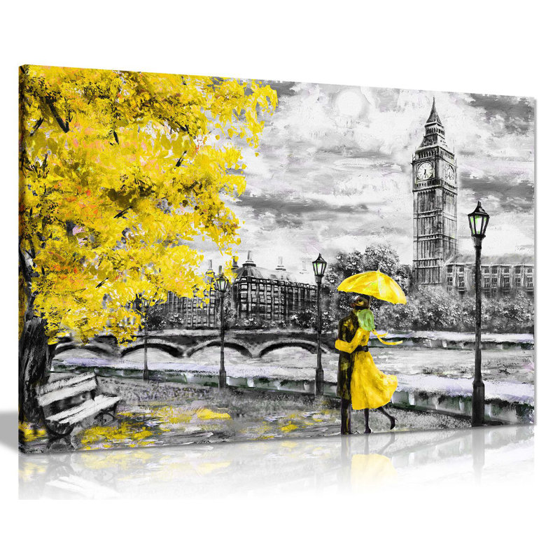 London Oil Painting Artwork Reproduction Big Ben - Wrapped Canvas Print, 20cm H x 31cm W, Yellow