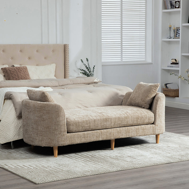 Banc de lit moderne capitonné avec accoudoirs, méridienne en chenille avec 2 coussins cylindriques, Wheat, Blé