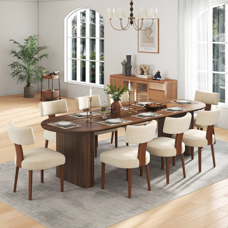 Modern Farmhouse Solid Wood Extendable Dining Table Set for 4-8 People, Oak, 9 Pieces: Table, 8 Chairs, Beige