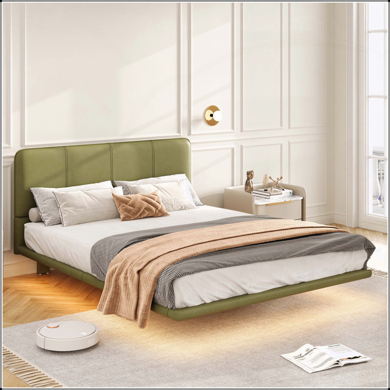 Base de lit flottante moderne avec lumière DEL, plateforme en cuir de polyuréthane, assemblage facile, grand lit, aucun sommier requis