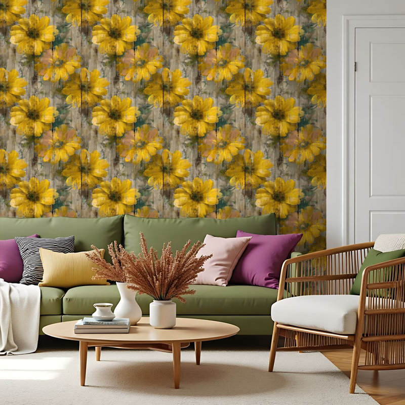Papier peint auto-adhésif et amovible à motif de tournesol en bois de tournesol sans soudure adhésif et amovible 17,7 po x 118 po (45 x 300 cm)
