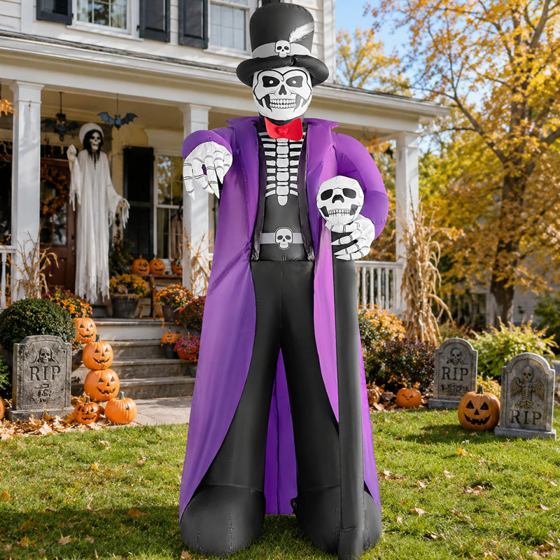  Vampire comte gonflable illuminé 9 pi avec robe mauve et tête de mort d'Halloween