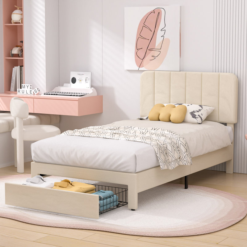 Huntsville 4-Drawer Velvet Upholstered Platform Bed, Beige, Twin