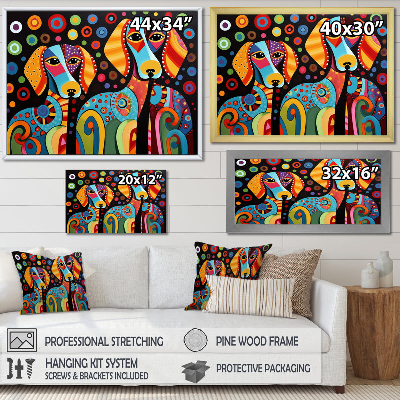 Portrait de deux teckels rétro géométrique - Décoration murale chien teckel, H 16 po x l 32 po x P 1 po, Cadre flottant noir