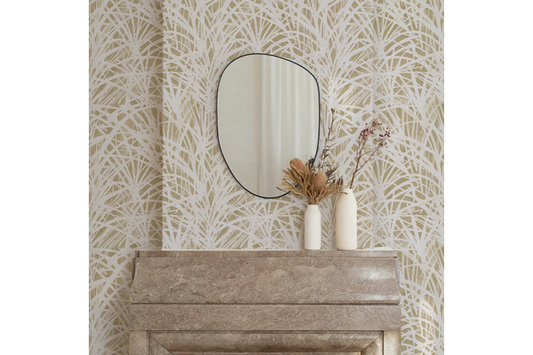 Beige mantel with a beige and white grass design wallpaper