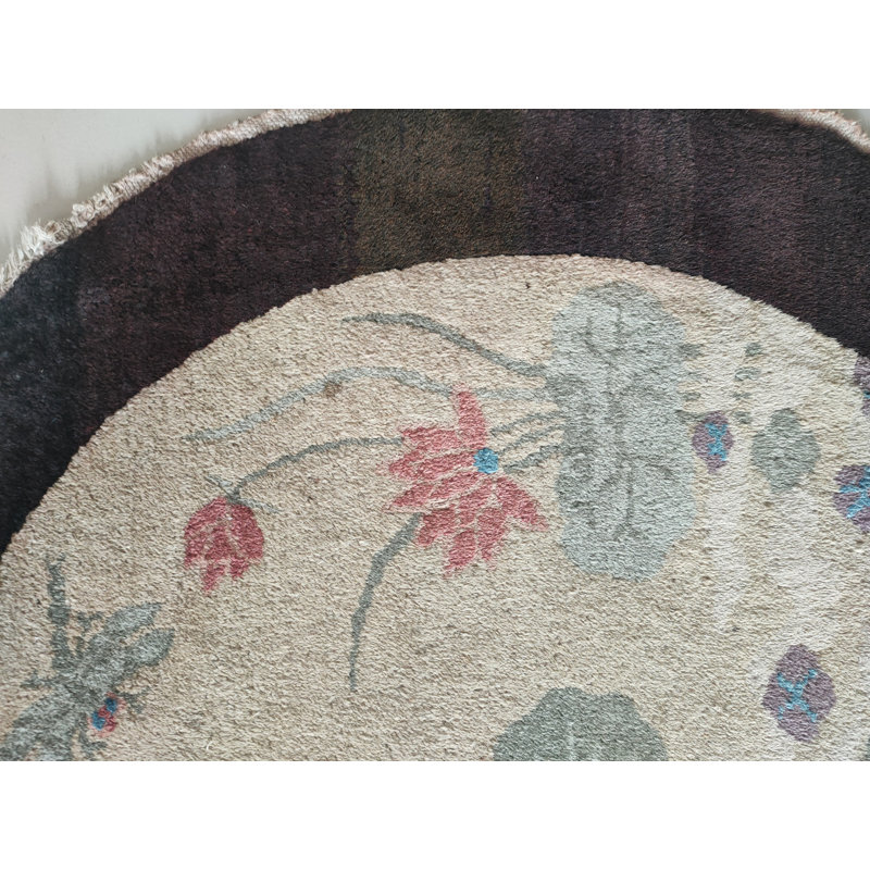 Antique Artistic Dragonfly Design Small Round Chinese Art Deco Ivory Color Rug