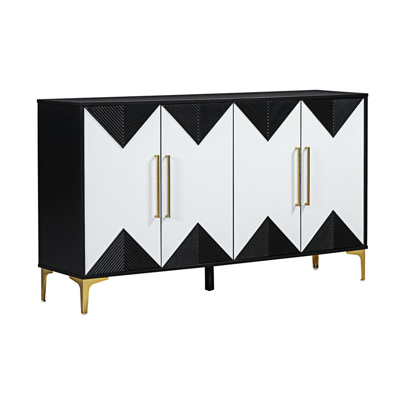 Unique Four-Door Cabinet With Two-Tone Triangular Pattern Doors, Entryway Cabinet, Black/White