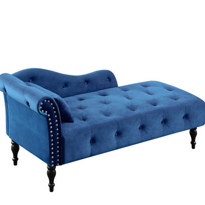 Chaise longue en velours bleu avec boutons, garniture cloutée, bois massif - Transformez votre espace de vie, boutons, pieds, profitez d'une assise confortable